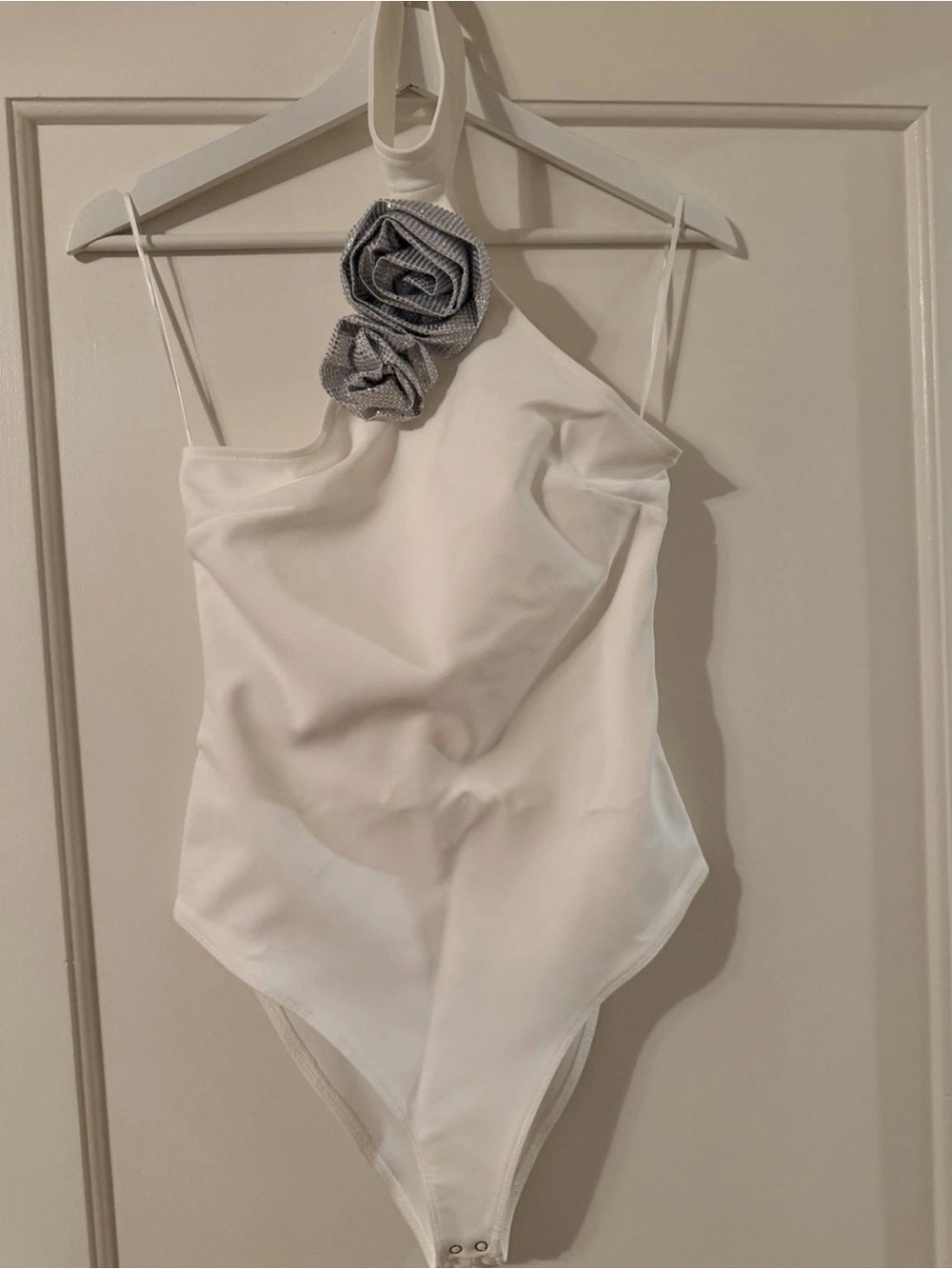 Zara White Halter Bodysuit with Gray Rosette Detail